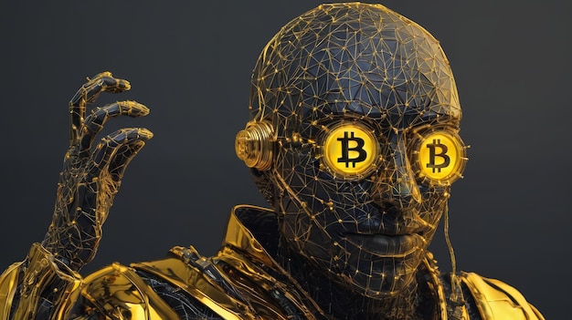 Mężczyzna w złotym garniturze z bitcoinami na oczach