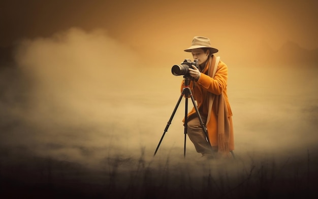 Mężczyzna w żółtej kurtce i kapeluszu robi zdjęcia kamerą