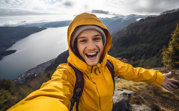 Mężczyzna w żółtej kurtce robi selfie.