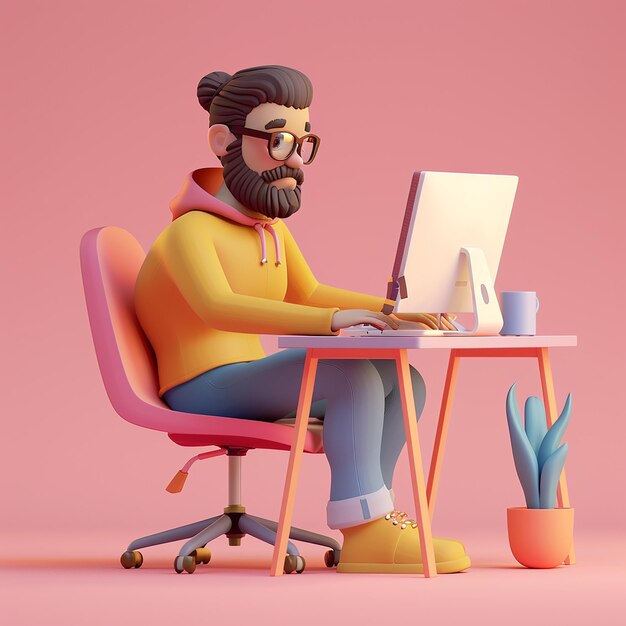 Zdjęcie mężczyzna w żółtym kapturze pracuje na laptopie.