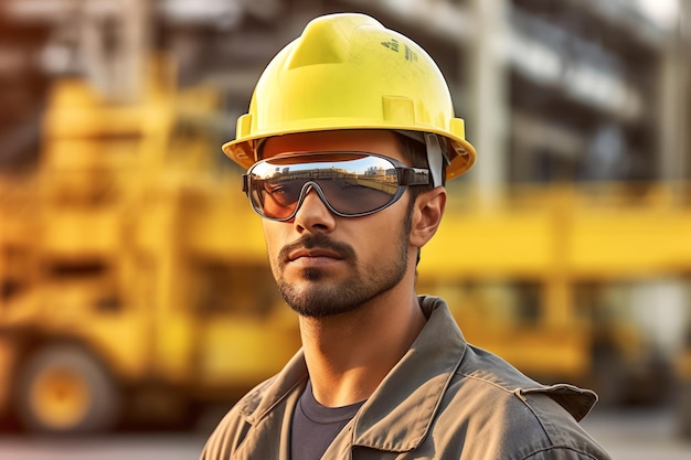 Mężczyzna w żółtym kasku i okularach przeciwsłonecznych stoi przed placem budowy.