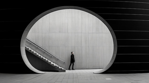 mężczyzna wchodzi po schodach i patrzy na duży okrąg.