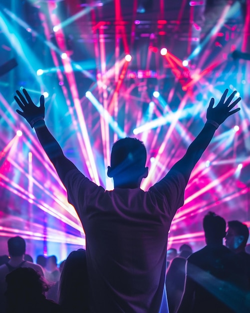 Zdjęcie mężczyzna widziany z tyłu na wydarzeniu muzycznym tańczący w neonowych światłach