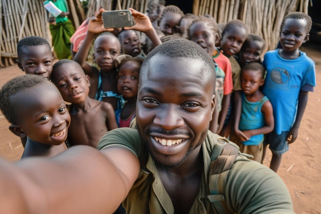 Mężczyzna wolontariusz z dziećmi w afrykańskiej wiosce.
