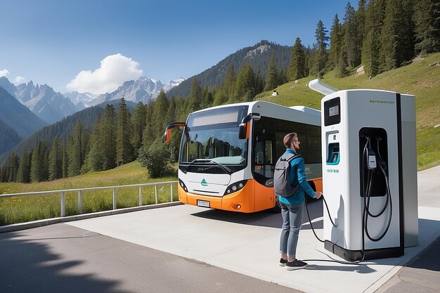 Mężczyzna wsiada do autobusu na stacji ładowania w górach