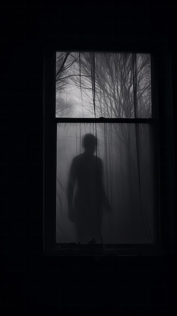 Mężczyzna wyglądający przez okno w ciemności
