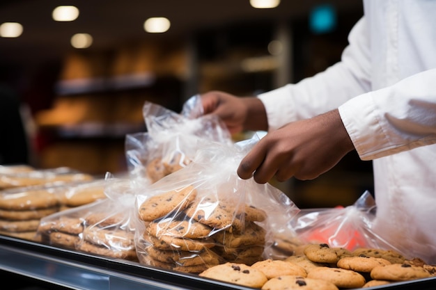 Mężczyzna z bliska zabezpiecza ciasteczka w plastikowej torbie podczas zakupów spożywczych