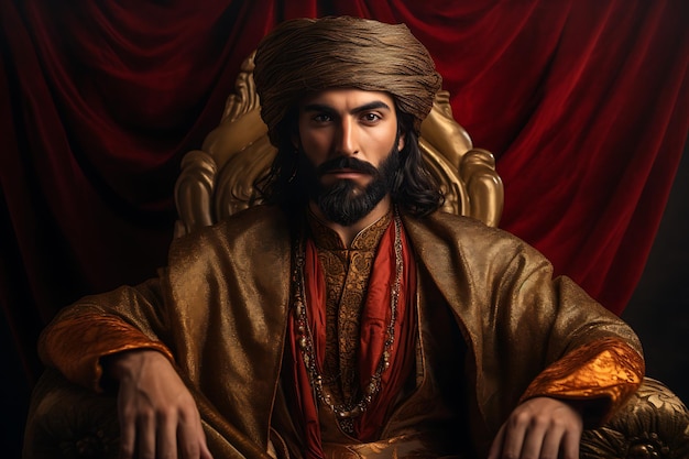 Mężczyzna z Bliskiego Wschodu w królewskim stroju otoczony luksusowymi aksamitnymi zasłonami