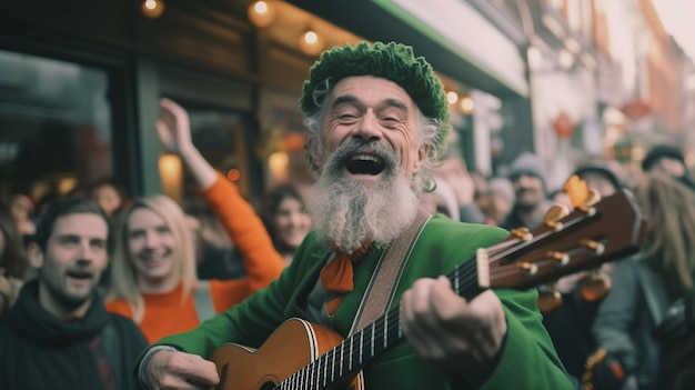 Mężczyzna z brodą grający na gitarze Melodyczny muzyk grający na swojej gitarze Dzień św. Patryka