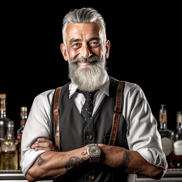 Mężczyzna z brodą i brodą stoi przed barem z kilkoma butelkami alkoholu za sobą.