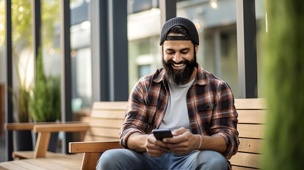 mężczyzna z brodą i kapeluszem siedzi na ławce i patrzy na swój telefon