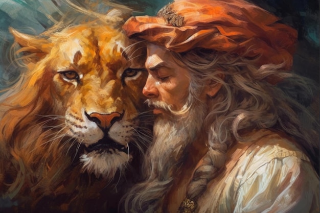 Mężczyzna z brodą i lwem