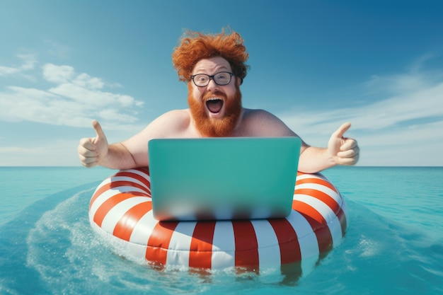 Zdjęcie mężczyzna z brodą i okularami siedzi w wodzie, pracując na swoim laptopie ten obraz może być używany do przedstawienia technologii pracy zdalnej i relaksu przy wodzie