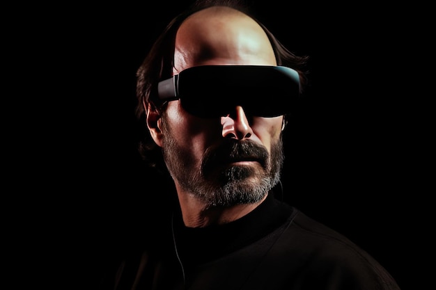 Mężczyzna z brodą noszący headset z wirtualną rzeczywistością