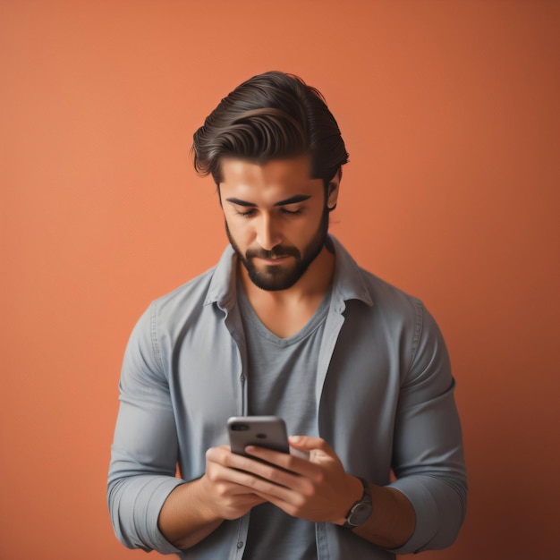 Mężczyzna z brodą patrzy na swój telefon