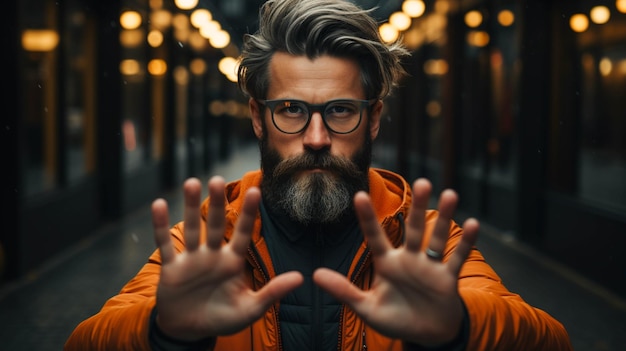 Mężczyzna z brodą robiący gest rękami