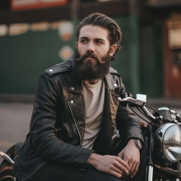 Mężczyzna z brodą siedzący na motocyklu Obraz generatywny AI