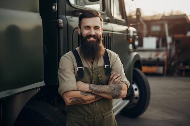 Mężczyzna z brodą stoi przed ciężarówką.