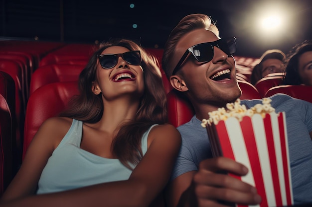 Mężczyzna z brodą trzymający młodą kobietę za rękę ogląda film, a para ma uśmiechy na twarzach.