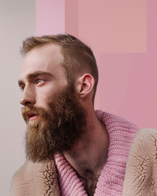 Mężczyzna z brodą w różowym swetrze