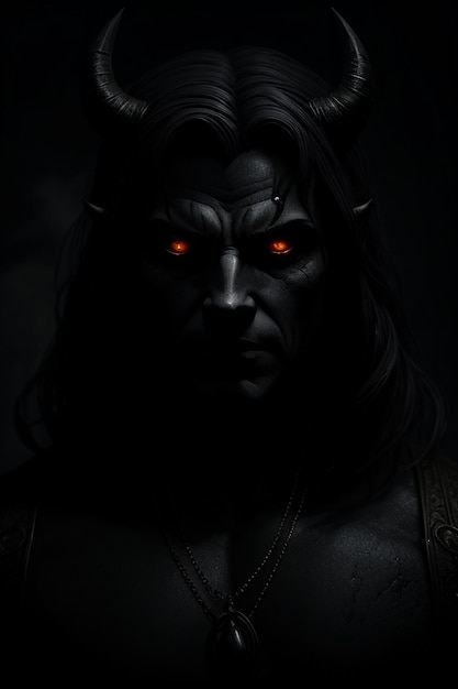 Mężczyzna z czerwonymi oczami i czarną koszulką z napisem "demon".
