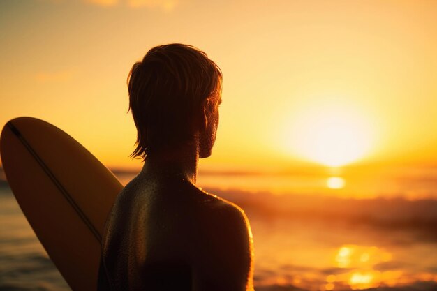 Mężczyzna z deską surfingową na plaży morskiej o zachodzie słońca Generacyjna sztuczna inteligencja