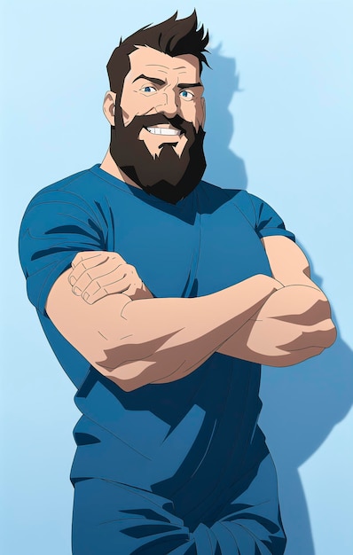 Mężczyzna z długą brodą i wąsami w niebieskiej koszulce Generative AI