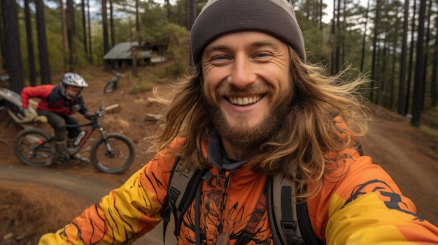 Mężczyzna z długimi włosami i brodą robiący selfie na szlaku roweru górskiego ai