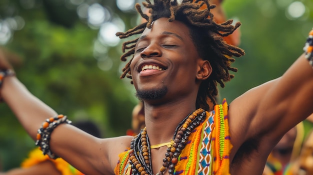 Zdjęcie mężczyzna z dreadlocks tańczy z wyciągniętymi ramionami i uśmiecha się