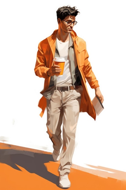 Mężczyzna z filiżanką kawy idzie ulicą w pastelowych odcieniach pomarańczy Facet wyszedł z kawiarni z filiżanką kawy w dłoni