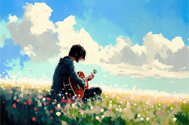 Mężczyzna z gitarą Mężczyzna gra na gitarze samotnie na łące Malowanie ilustracji w stylu sztuki cyfrowej