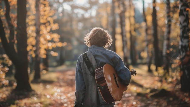 Mężczyzna z gitarą na ramieniu stoi na środku małej łąki z powrotem do kamery