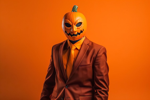 Zdjęcie mężczyzna z halloween jack o lantern z głową dyni noszący brązowy garnitur i pomarańczowy krawat na pomarańczym tle koncepcja świętowania dnia umarłych dziwny karnawał kostiumów obraz generowany za pomocą ai