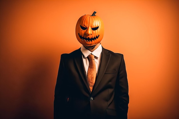 Mężczyzna z Halloween Jack o Lantern z głową dyni noszący brązowy garnitur i pomarańczowy krawat na pomarańczym tle Koncepcja świętowania dnia umarłych dziwny karnawał kostiumów Obraz generowany za pomocą AI