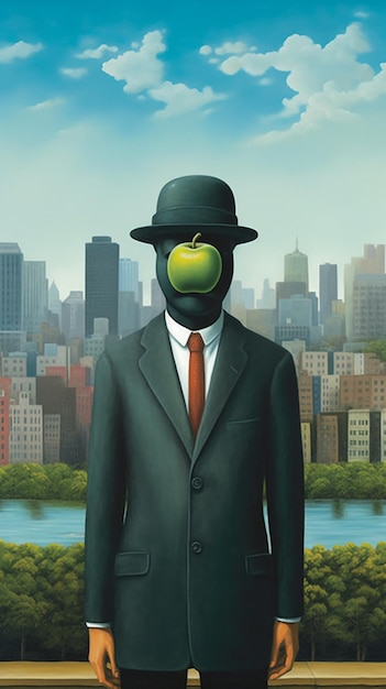 Mężczyzna z jabłkiem na twarzy stoi przed pejzażem miejskim.