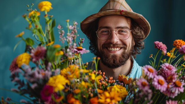 Mężczyzna z kapeluszem i okularami trzymający bukiet kwiatów