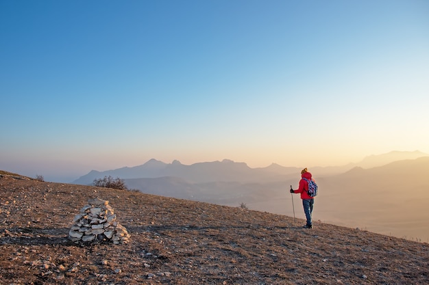 Mężczyzna Z Kijami Do Nordic Walking I Plecakiem, Widok Z Tyłu, Stoi Wysoko W Górach I Patrzy Przed Siebie.