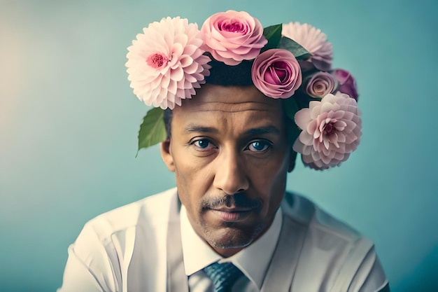 Mężczyzna z koroną kwiatową na głowie nosi koronę kwiatową.