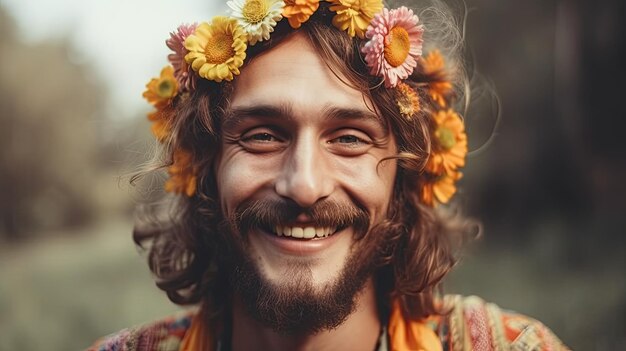 Mężczyzna z kwiatową koroną na głowie uśmiecha się do kamery.
