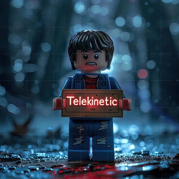 Mężczyzna z Lego trzymający tabliczkę z napisem "telekinika"