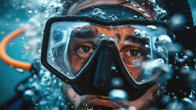Zdjęcie mężczyzna z maską nurkową zanurzony w wodzie