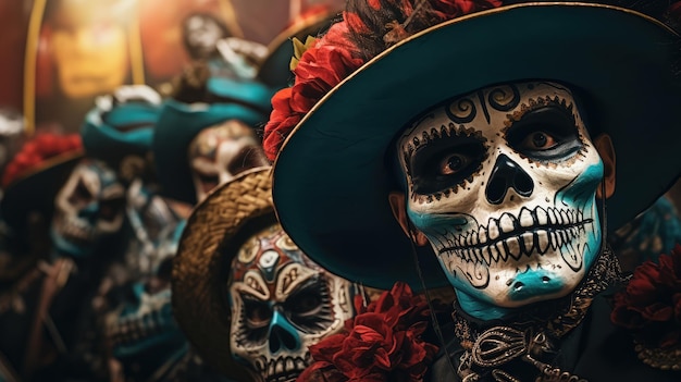 Mężczyzna z meksykańskim makijażem czaszki na twarzy ubrany na Dzień Zmarłych w Meksyku