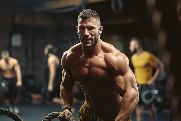 Mężczyzna z mięśniowym ciałem stoi w siłowni z innymi mężczyznami na tle