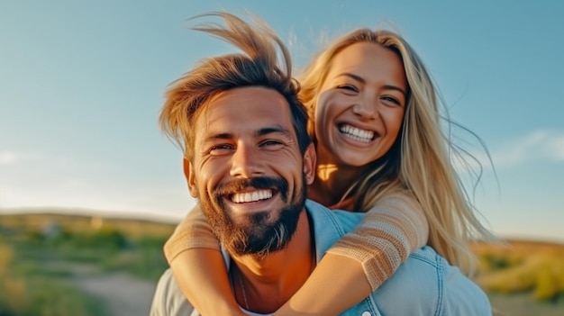 Mężczyzna z młodą kobietą Para na świeżym powietrzu cieszy się razem emeryturą, uśmiechając się i jadąc na barana Generacyjna sztuczna inteligencja
