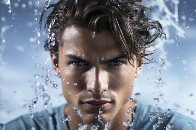 Zdjęcie mężczyzna z mokrymi włosami stoi przed wodospadem.
