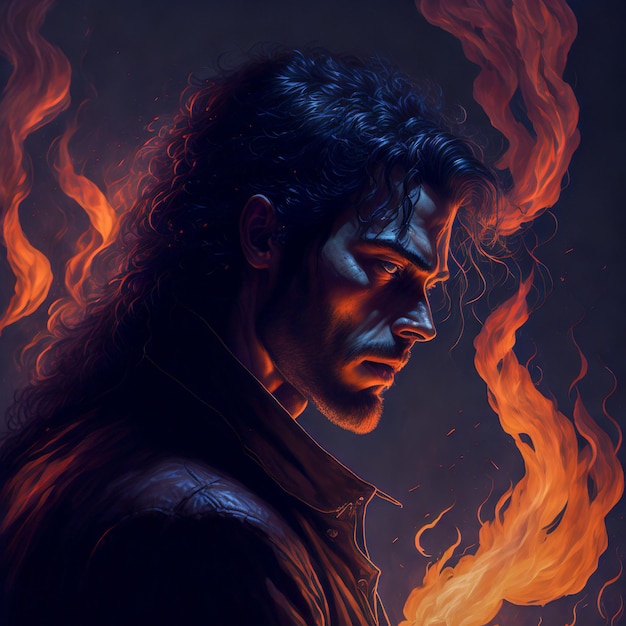 Mężczyzna z ogniem na twarzy stoi na ciemnym tle.