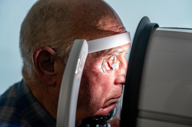 Mężczyzna z otwieraczem oczu podczas laserowej terapii glaukomy