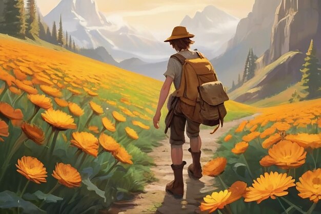 Mężczyzna z plecakiem idzie ścieżką z kwiatami na tle
