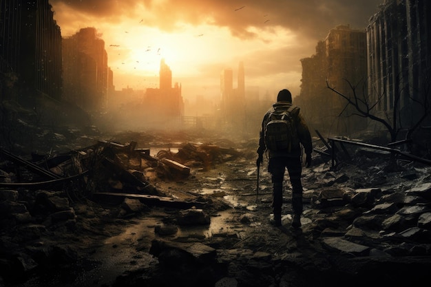 Mężczyzna z plecakiem na tle zniszczonego miasta Media mieszane Samotny żołnierz spacerujący po zniszczonym mieście AI Wygenerowano