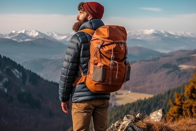 Mężczyzna z plecakiem patrząc na góry